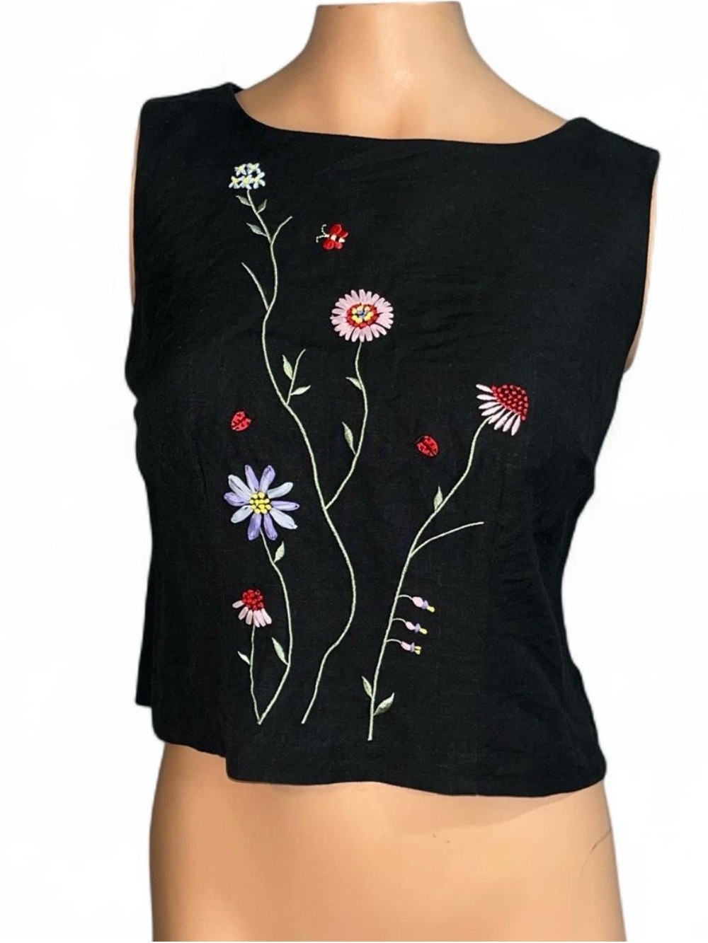 Vintage 90s Linen Dressbarn Embroidered Linen Blend Tank Top (cropped fit)